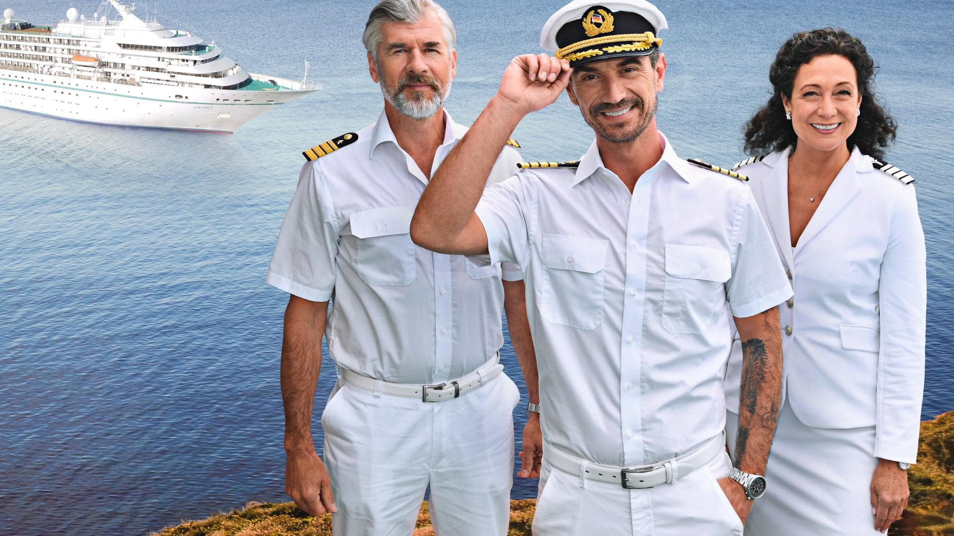 Die Stammbesetzung auf dem "Traumschiff": Staff-Kapitän Martin Grimm (Daniel Morgenroth), Kapitän Max Parger (Florian Silbereisen) und Hoteldirektorin Hanna Liebhold (Barbara Wussow).