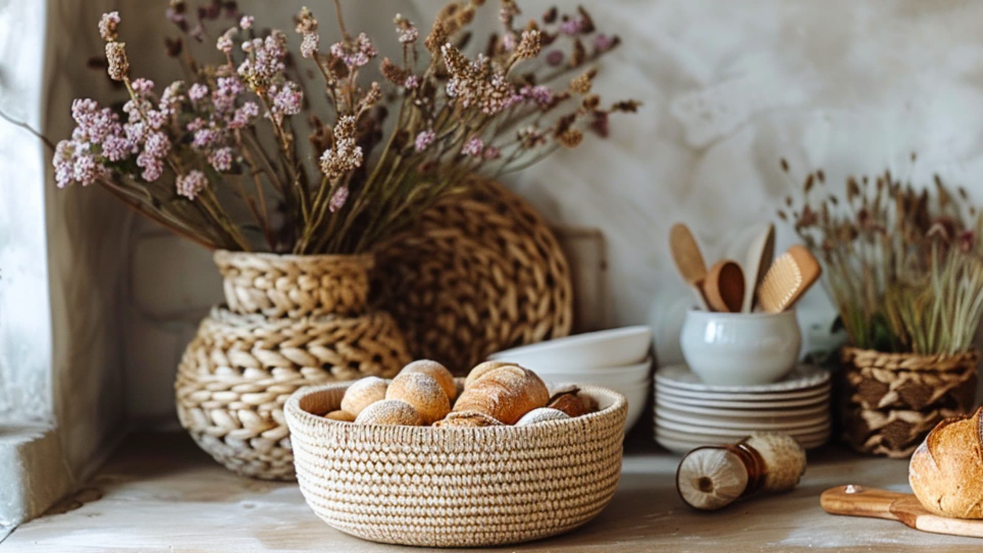 Selbst gehäkelter Brotkorb in der Küche
