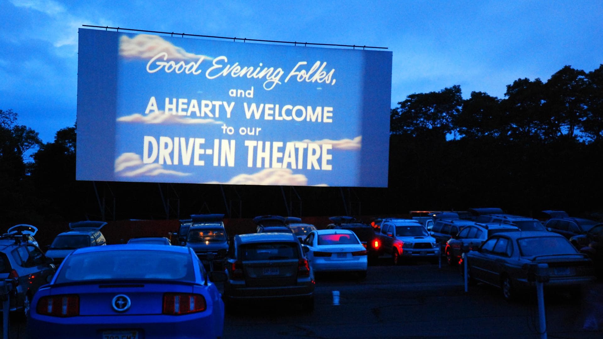 Autokino: Autos stehen vor Leinwand