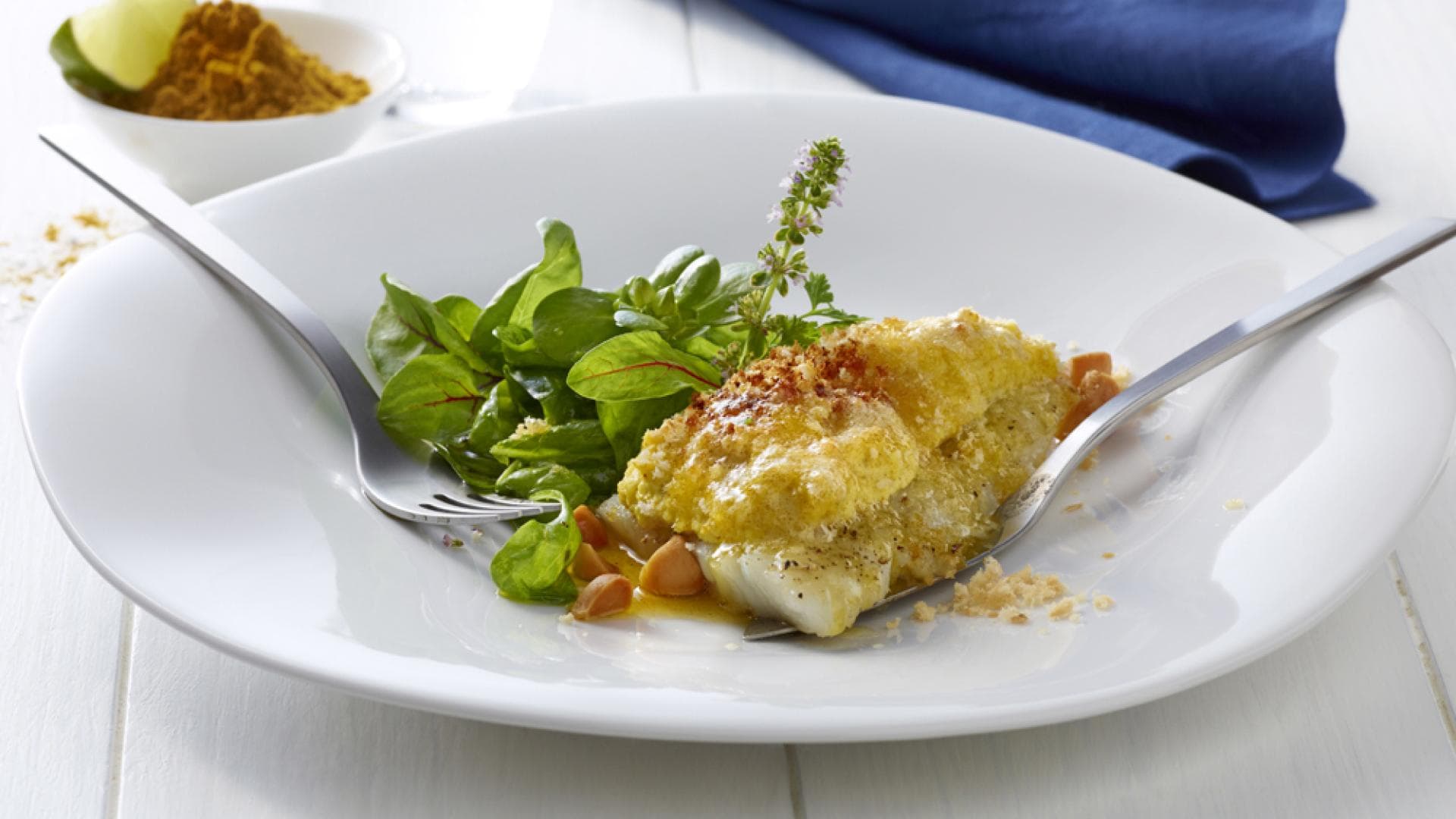 Rezept mit Curryjoghurt gratinierter Zander an Spinatsalat und Macadamianüssen