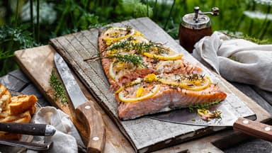Gegrillter Lachs mit Zitronenscheiben und frischen Kräutern