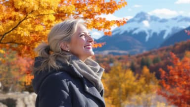 Eine Frau steht unter einem Baum im Herbst