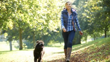 Frau spaziert mit Hund einen Weg entlang - Hilfreiche Tipps um im Alltag abzunehmen
