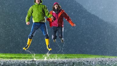 Menschen springen in einer Pfütze - obwohl es regnet sind sie von Wetterfühligkeit nicht betroffen