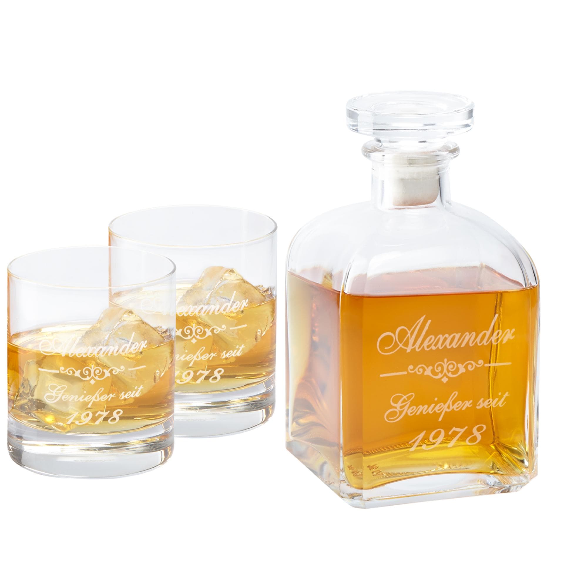 Whiskykaraffe und Glas mit Gravur