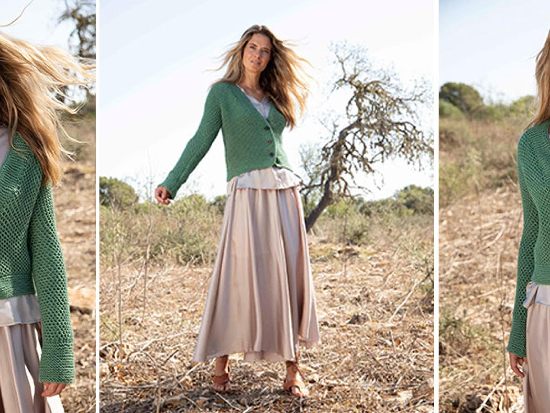 Model in salbeigrünem Cardigan von Lana Grossa