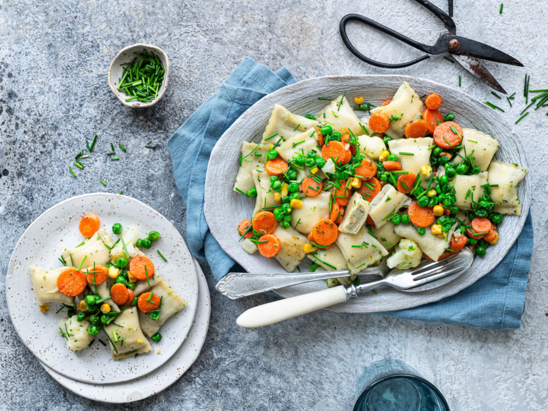 Gebratene Maultaschen mit Buttergemüse