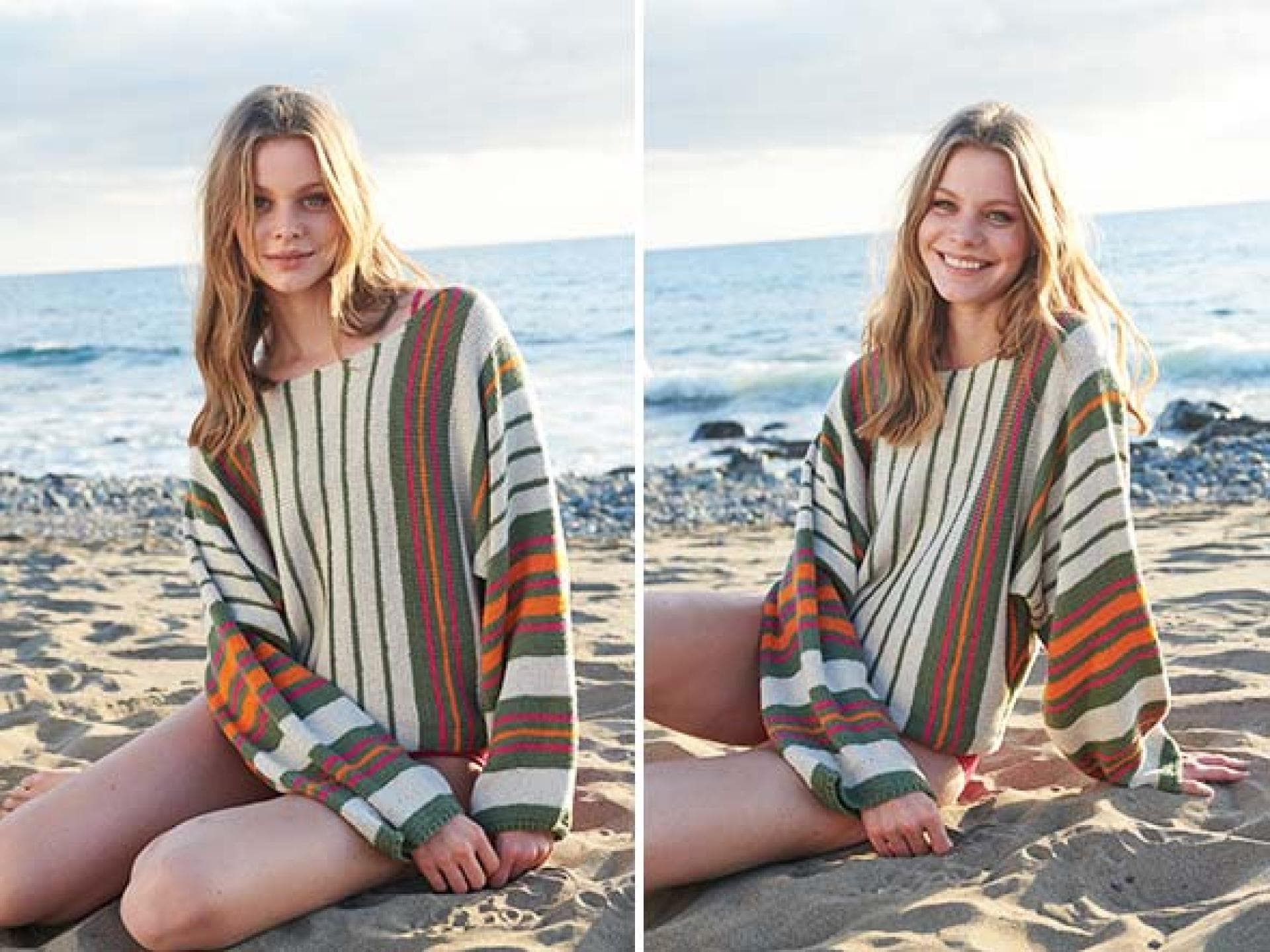 Model in gestreiftem Kimono-Pullover von Lana Grossa