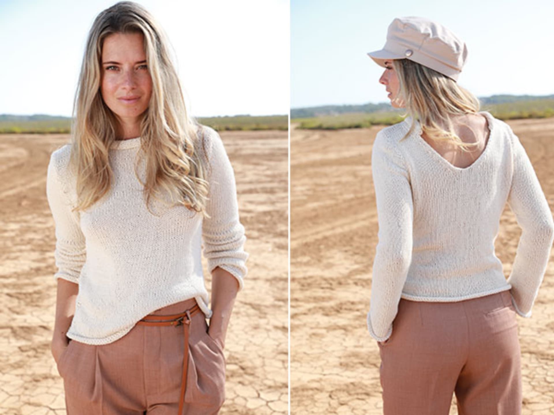 Model in cremefarbenem Sommerpullover mit Rückenausschnitt