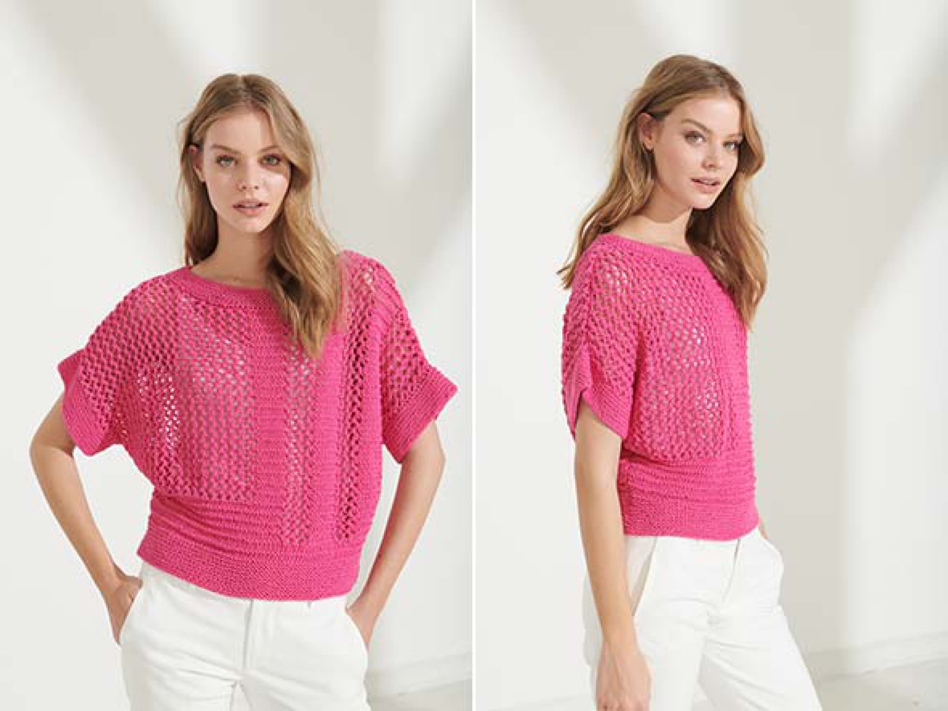 Model in pinkem Kurzarm-Sommerpullover