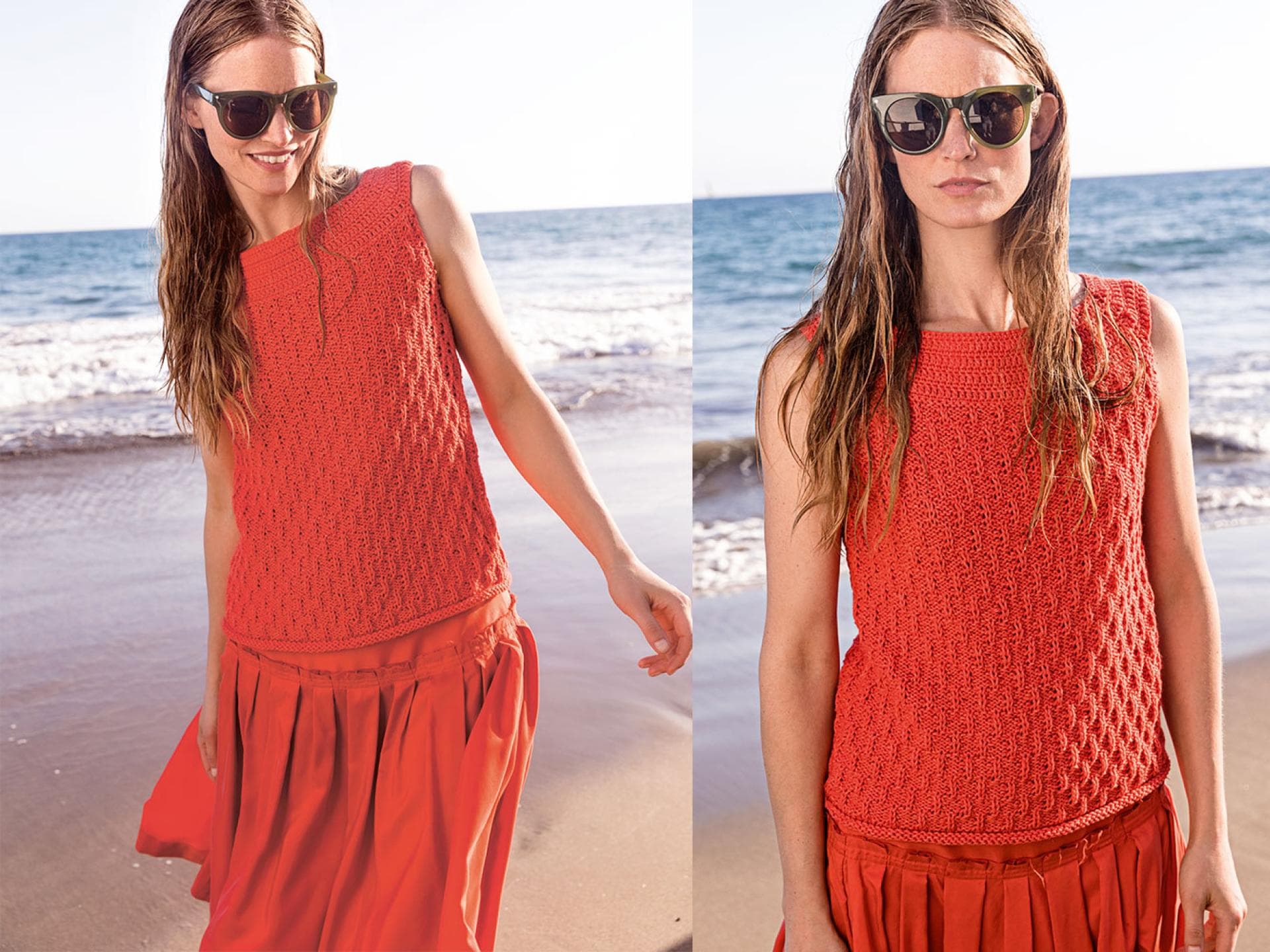 Model in U-Boot Stricktop in Korallenrot von Lana Grossa
