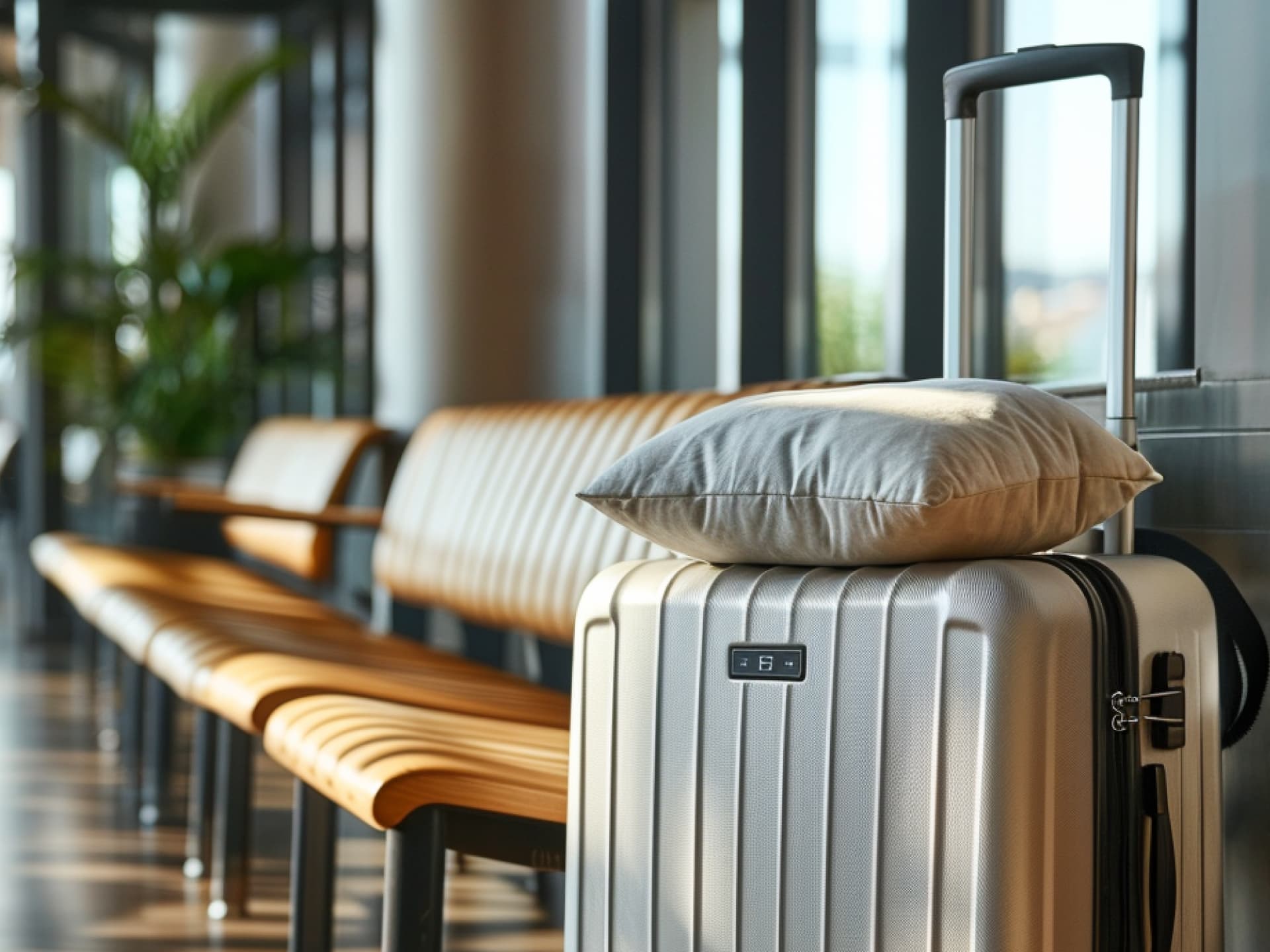 Ein Koffer mit einem Kissen am Flughafen