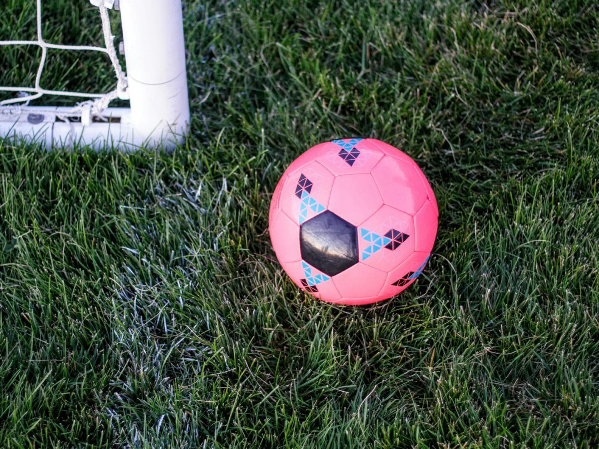 Die Regeln für den Fußball stammen hauptsächlich aus England. Pinker Fußball auf dem Rasen neben einem Tor