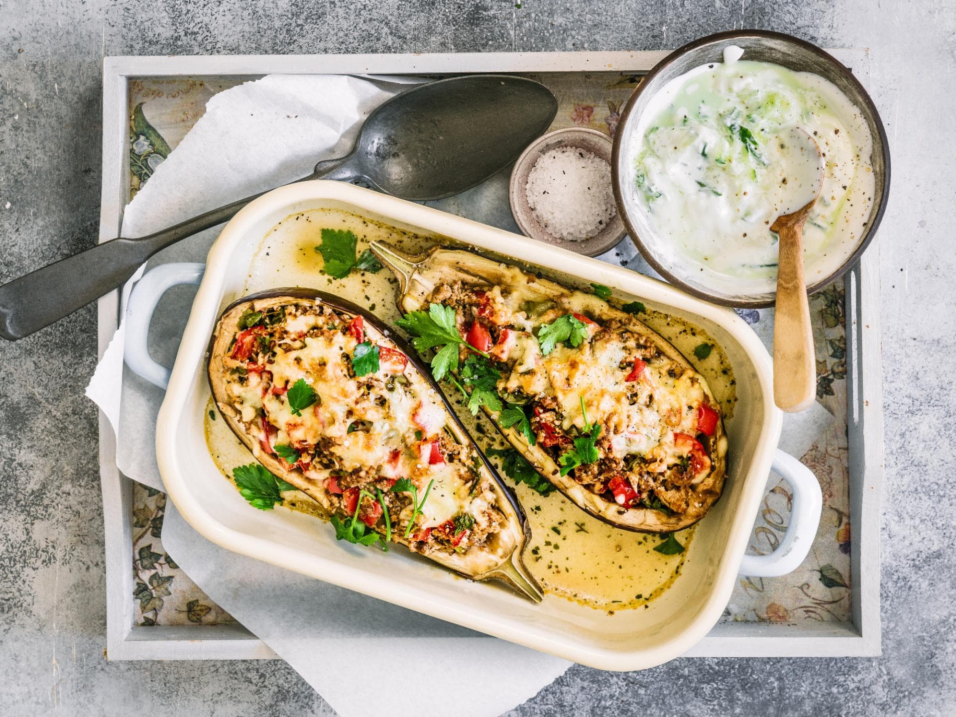 Rezept unter 500 kcal für gefüllte Aubergine mit Jpghurt