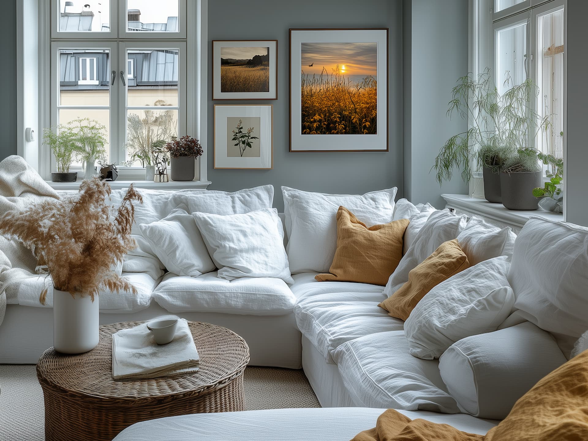Ein Wohnzimmer mit einer weißen Couch und Bildern an der Wand.