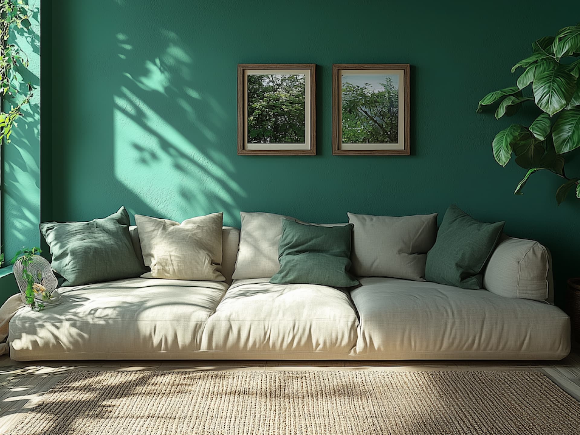 Ein helles Sofa vor einer dunkelgrünen Wand.