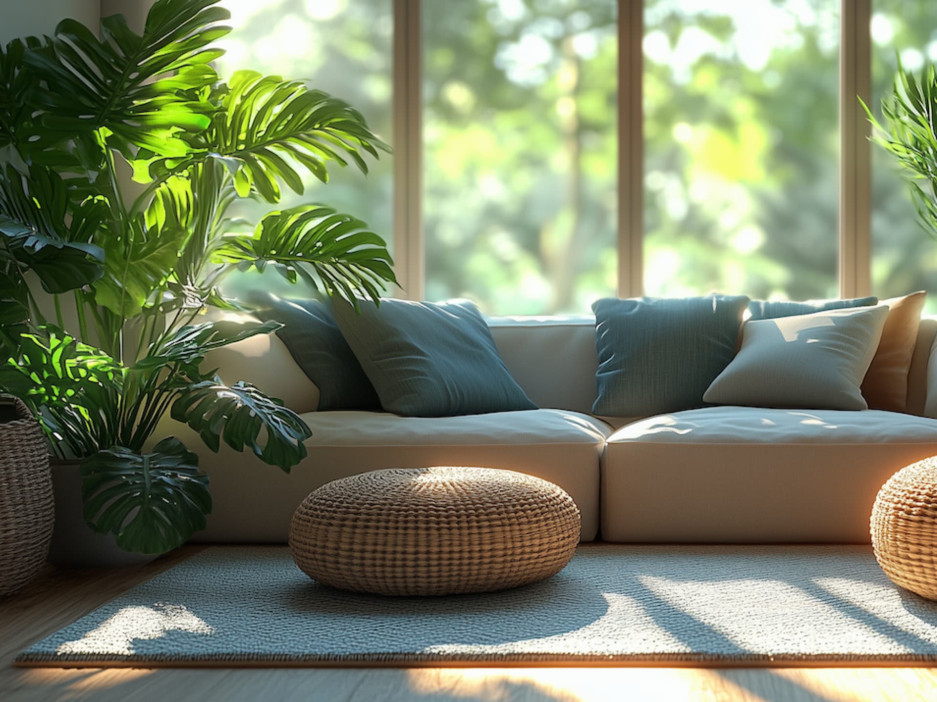 Sofa mit großen Pflanzen links und rechts daneben.