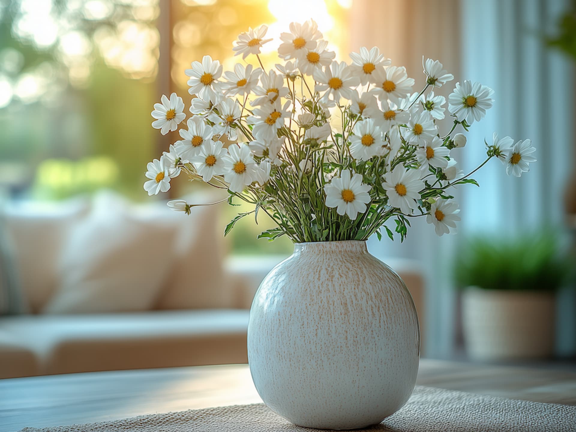 Eine Vase mit Blumen auf dem Tisch.