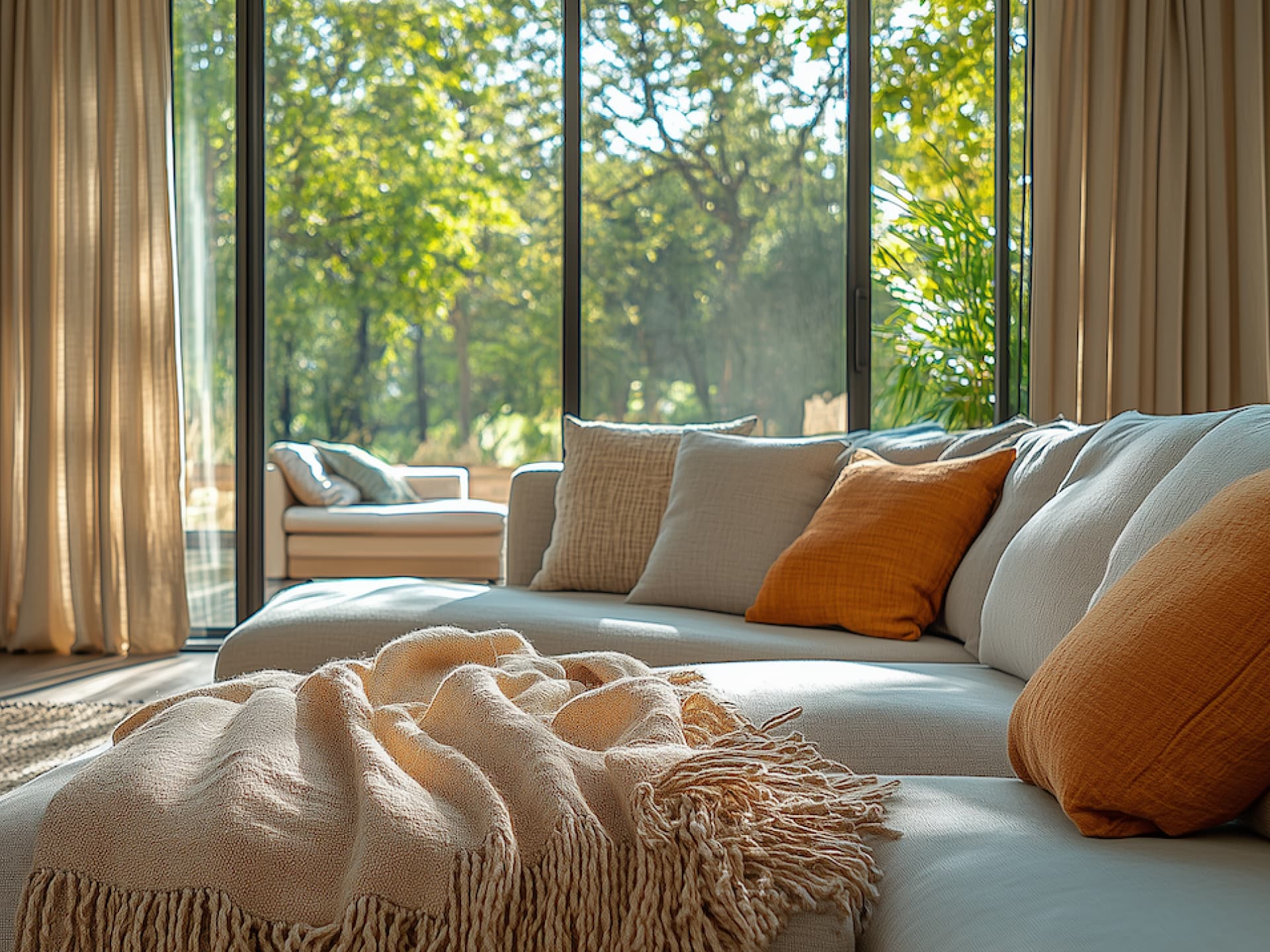 Wohnzimmer mit Vorhängen vor dem Fenster.