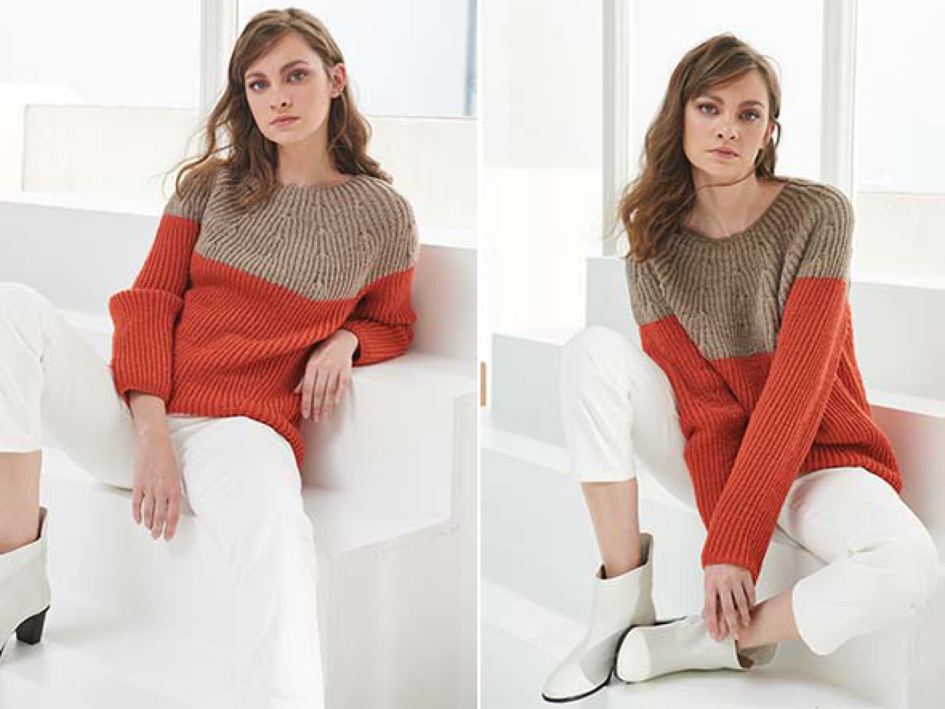 Model in gestricktem Color-Blocking-Pullover aus Kaschmir von Lana Grossa