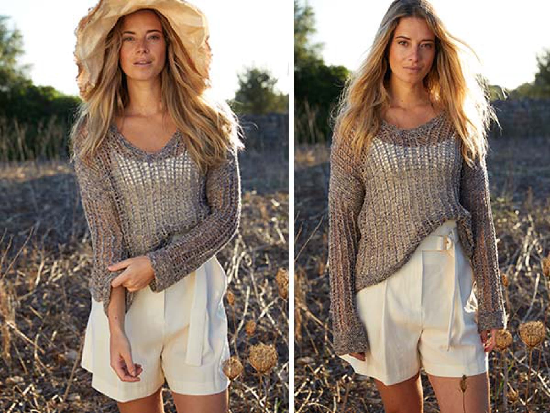 Stricken mit Leinen - Model in lockerem Pullover mit Lochmuster von Lana Grossa