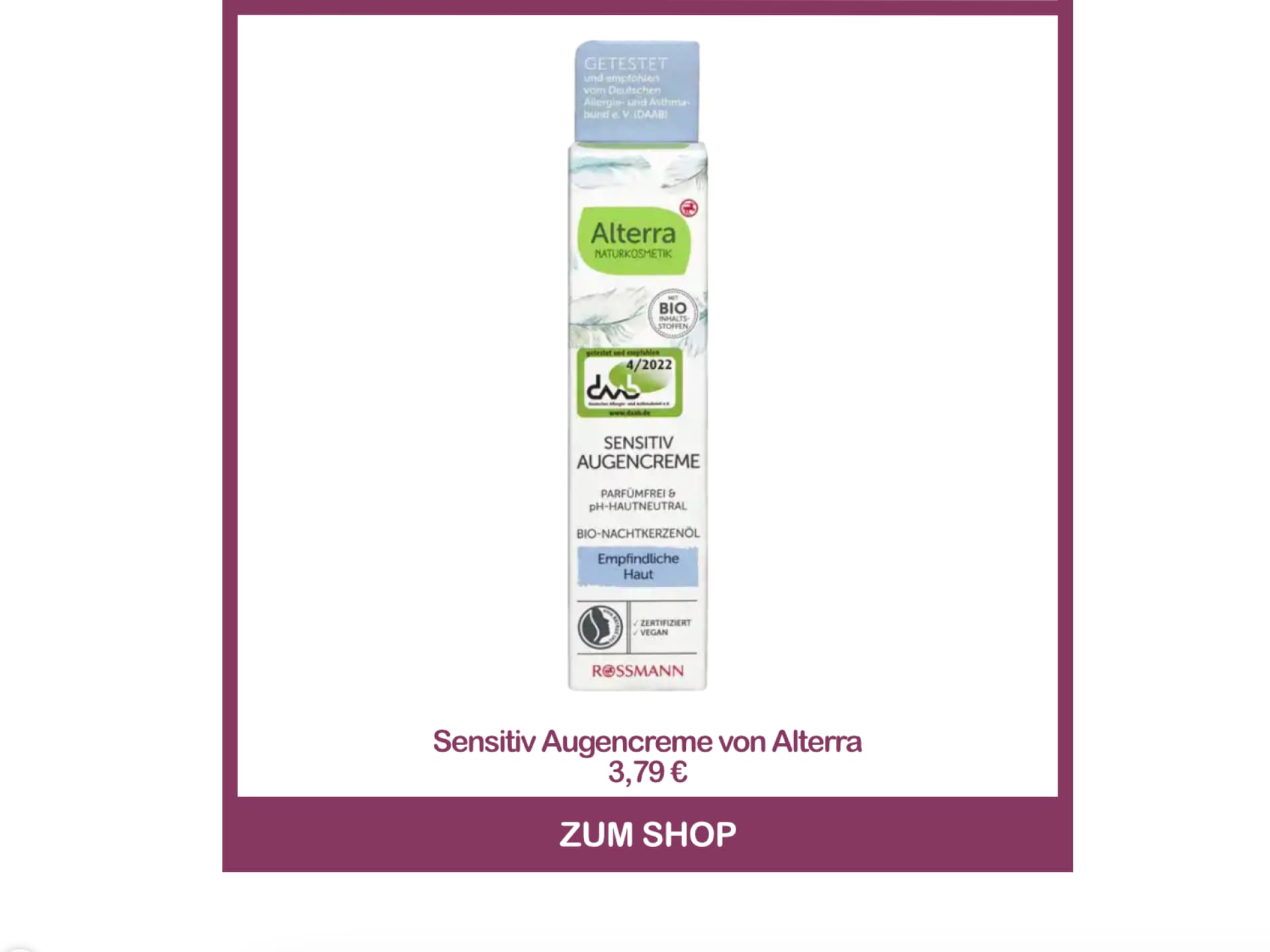 Beste parfümfreie Augencreme - Sensitiv Augencreme von Alterra