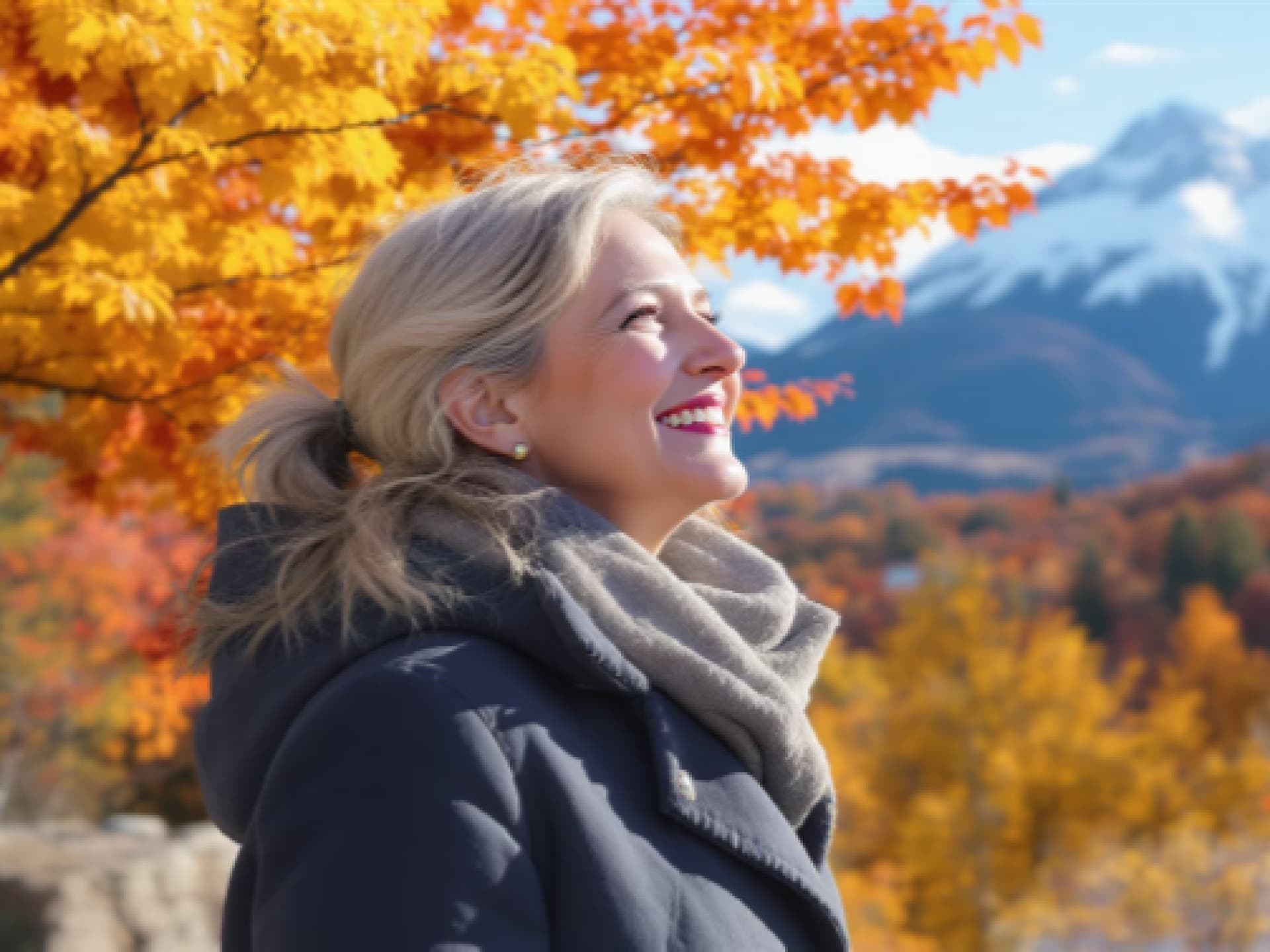 Eine Frau steht unter einem Baum im Herbst