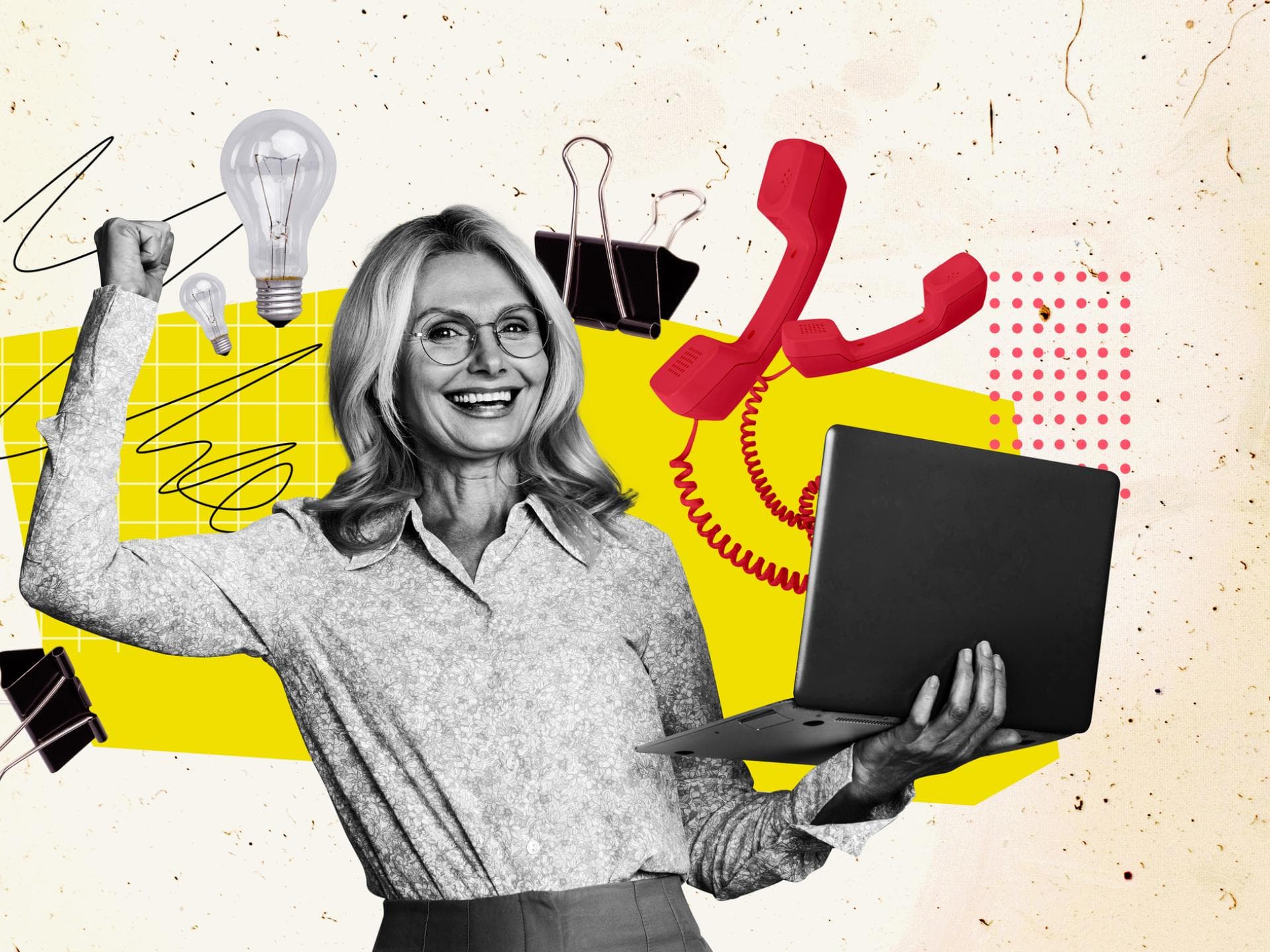 Frau, um die 50 Jahre alt, freut sich, da sie eine erfolgreiche Gründerin ist