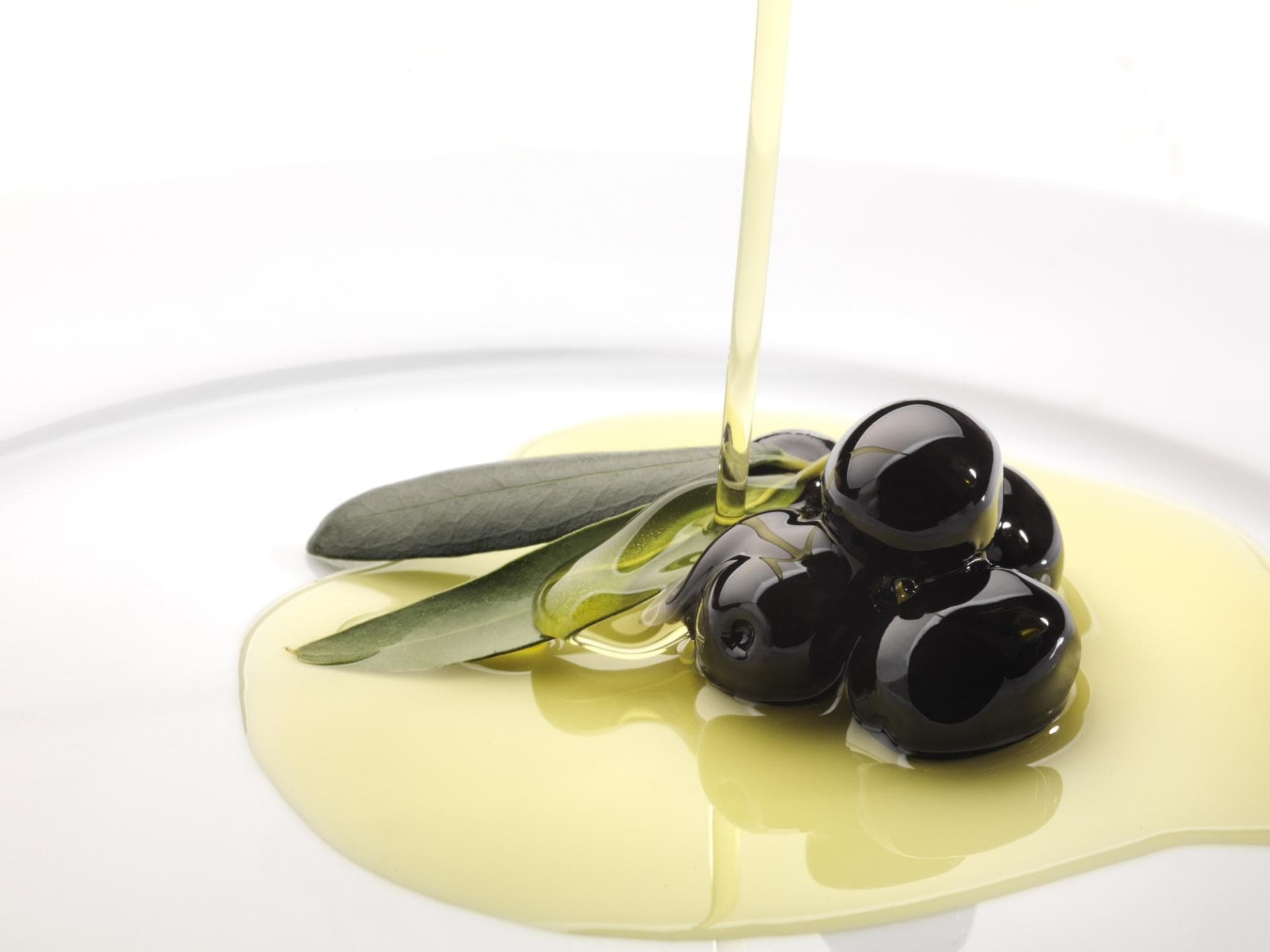 Schwarze Oliven werden mit Olivenöl übergossen - Vielseitig und gesund kochen mit Olivenöl