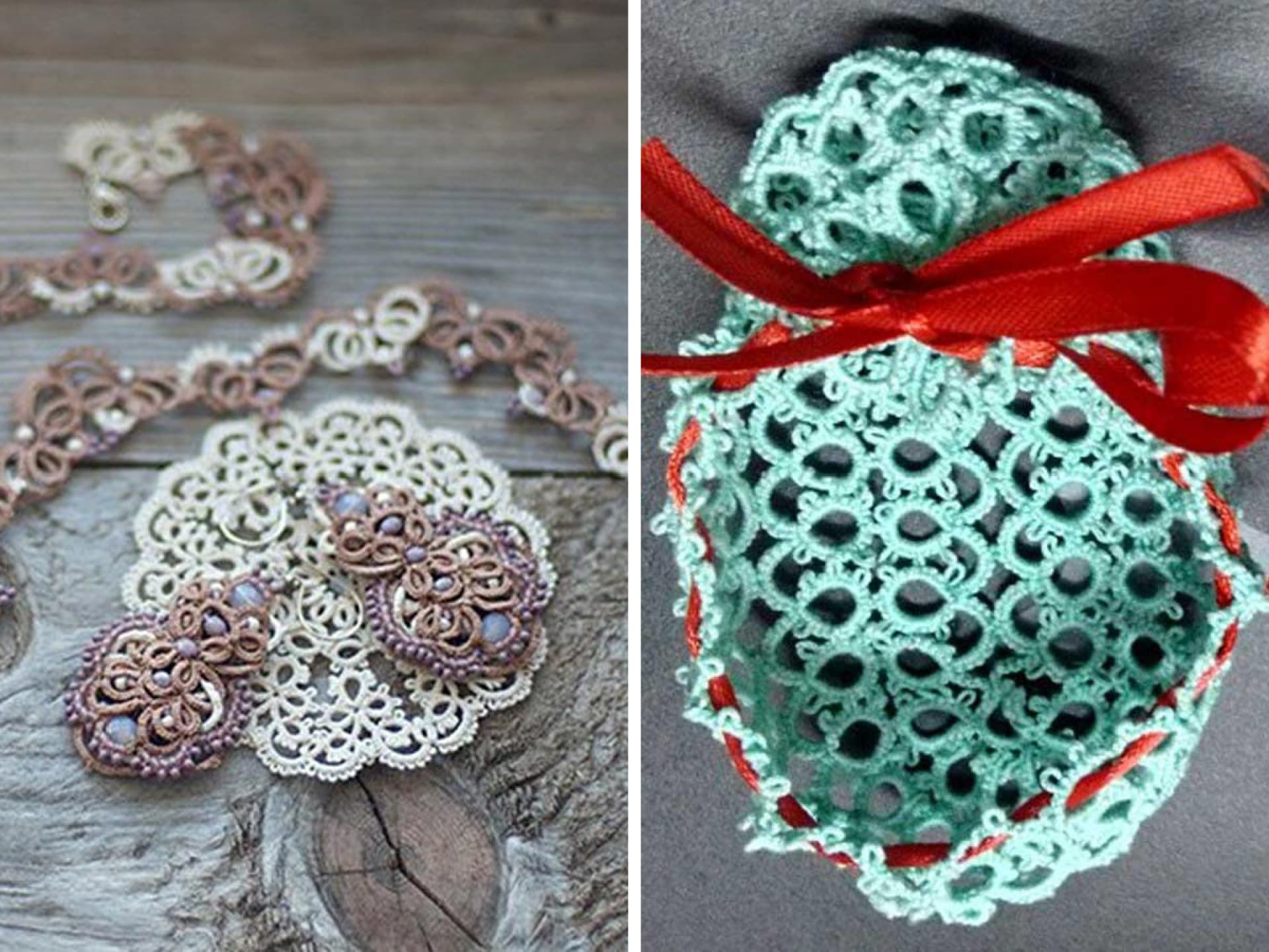 Occhi-Handarbeiten Schmuck und Babyschuhe aus Spitze