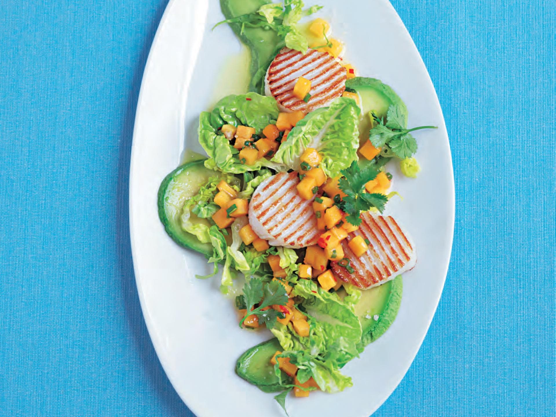 Jakobsmuscheln auf Avocado-Salat