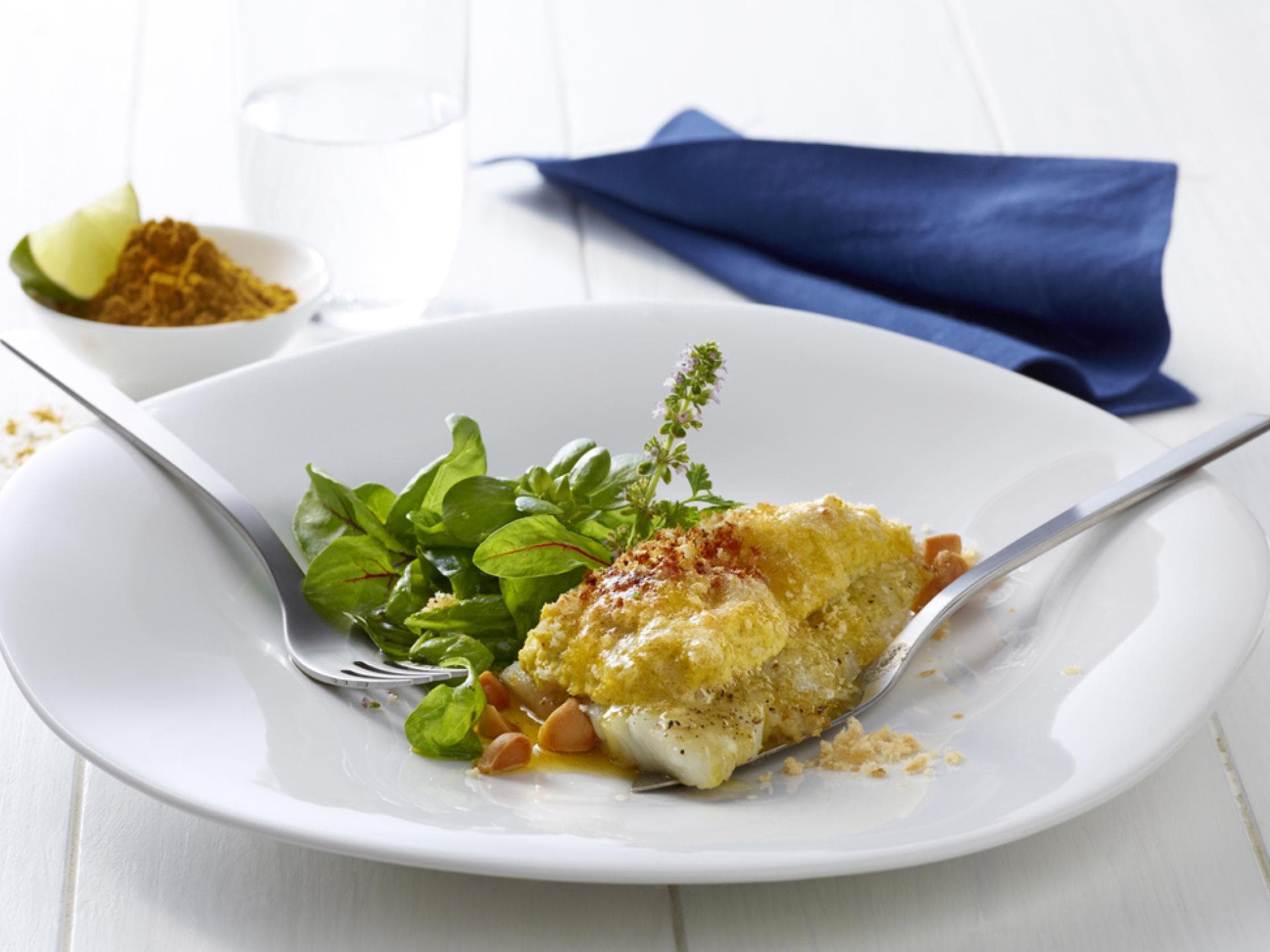 Rezept mit Curryjoghurt gratinierter Zander an Spinatsalat und Macadamianüssen