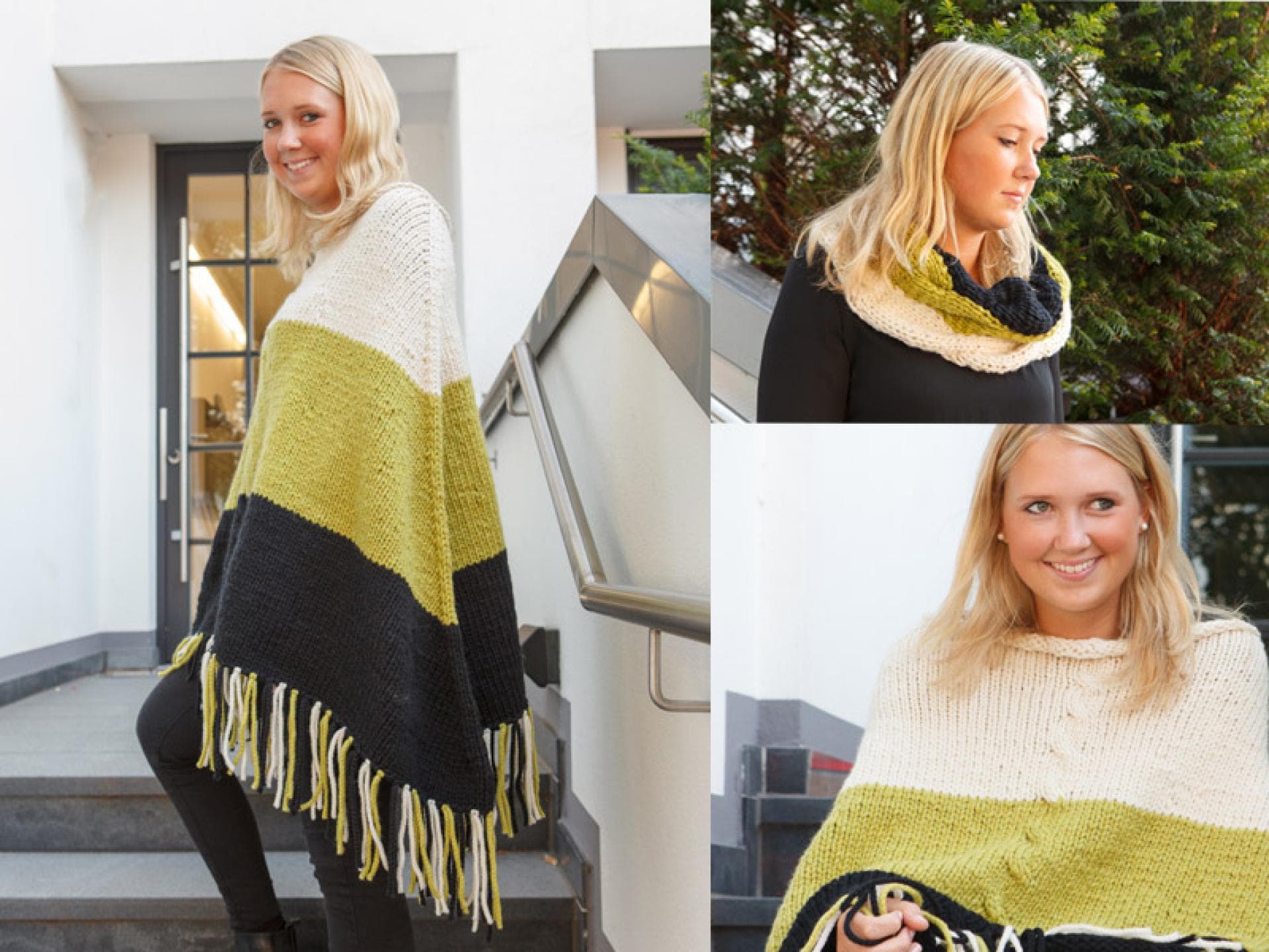 Poncho und Schal in weiß, grün und schwarz