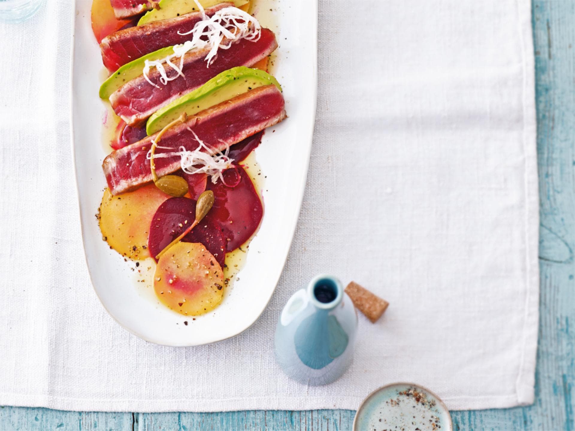 Thunfisch-Carpaccio, Rote und Gelbe Bete