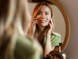 Frau strahlt sich im Spiegel an